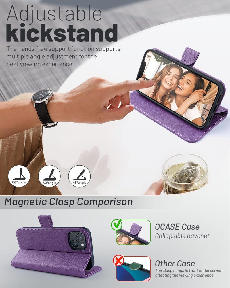 OCASE Compatible with iPhone 13 Wallet Case, PU Leather Flip Folio Case with Card Holders RFID Blocking Kickstand [Shockproof TPU Inner Shell] Phone Cover 6.1 Inch 2021 (Litchi Purple) - Image 4